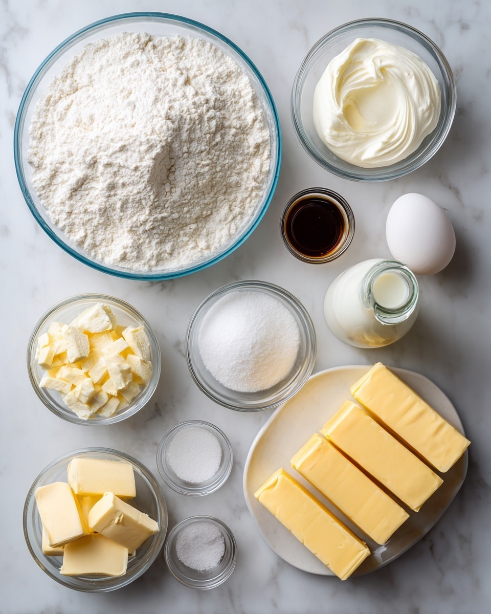 The image shows a top view of various baking ingredients arranged neatly on a white marbled surface. There is a large glass bowl filled with white flour in the center, surrounded by smaller clear glass bowls containing white sugar, sour cream, and powdered sugar. Two white eggs are placed to the right side near small glass jars with milk and water. Three sticks of light yellow butter with orange labels are arranged horizontally near the center. A small bowl with a dark liquid, likely vanilla extract, and a small bowl of salt complete the set of ingredients, all evenly spaced. Photo taken with an iphone --ar 4:5 --v 7