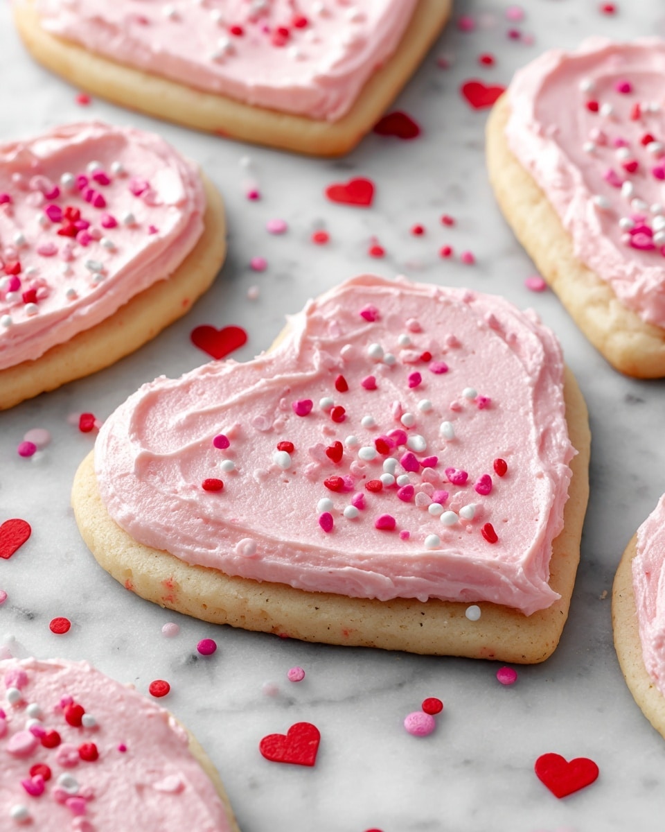 The image shows several heart-shaped cookies on a white marbled surface with small red polka dots. Each cookie has one thick layer of soft, light pink frosting spread evenly on top, with a slightly textured, creamy look. Scattered across the frosting are small heart-shaped sprinkles in red, white, and darker pink colors, adding a playful and colorful touch to the smooth frosting layer. Photo taken with an iphone --ar 4:5 --v 7