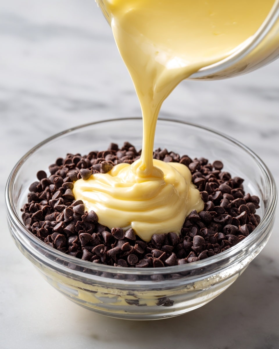 A clear glass bowl filled with a thick layer of small, dark brown chocolate chips at the bottom. On top of the chocolate chips, a smooth, shiny, pale yellow creamy liquid is being poured in a thin steady stream, creating soft swirls and ridges as it settles. The contrast between the dark chocolate chips and the light yellow cream is clear and visually rich. The bowl is set on a white marbled surface, giving a clean and bright background. Photo taken with an iphone --ar 4:5 --v 7