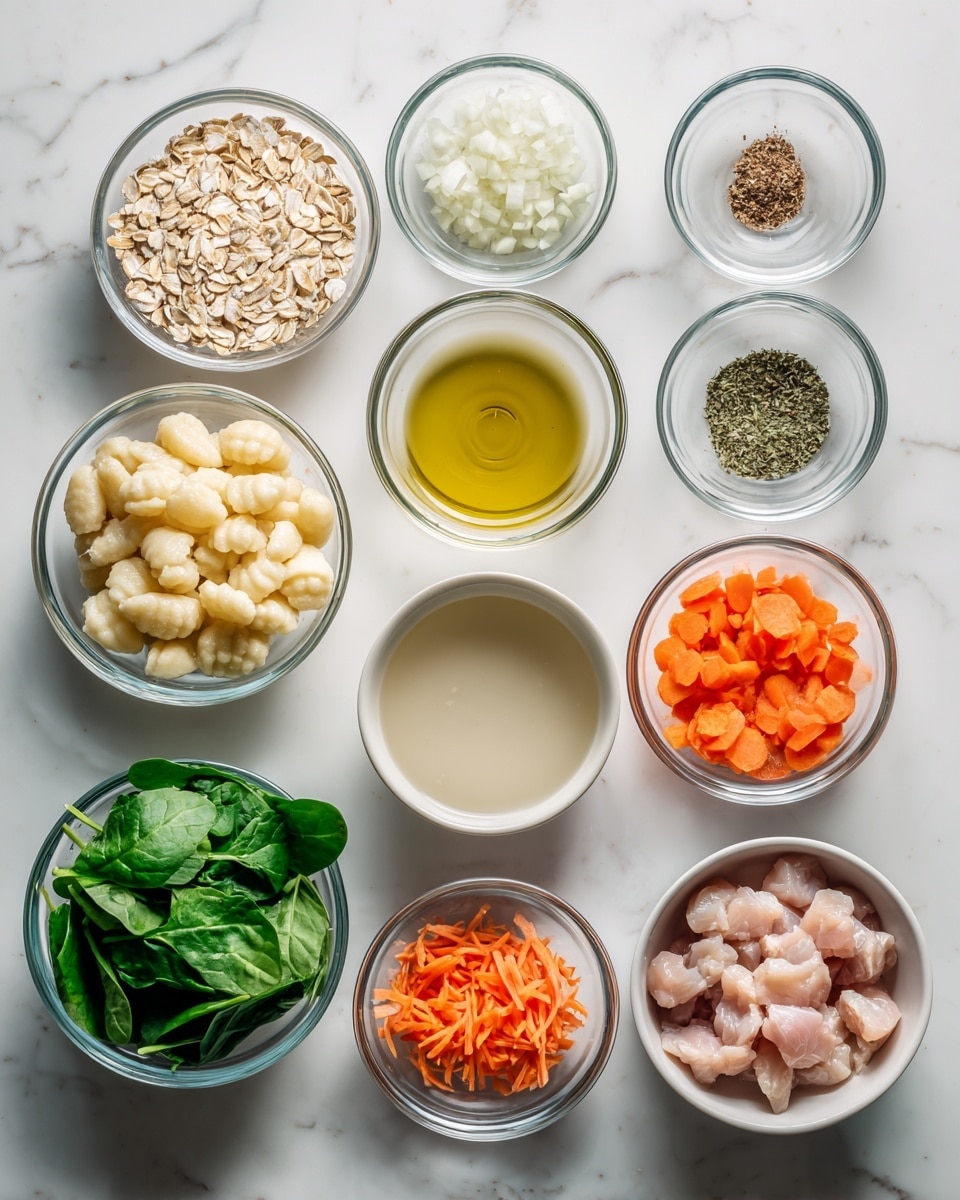 This image shows eleven glass bowls and two white bowls arranged on a white marbled surface, each holding different ingredients. From the top left, there is a small glass bowl with oat flakes, followed by a small glass bowl with chopped garlic, a medium bowl with finely chopped white onions, three small bowls with salt, black pepper, and a brown spice respectively, and a small bowl with dried green herbs. In the second row, a glass bowl with light yellow oil sits next to a white bowl filled with pale yellow gnocchi. The bottom row features a white bowl with light broth, a glass bowl filled with fresh spinach leaves, another glass bowl with small pieces of pink raw chicken, and a glass bowl with shredded bright orange carrots. The setup is clean, bright, and organized for cooking preparation, photo taken with an iphone --ar 4:5 --v 7