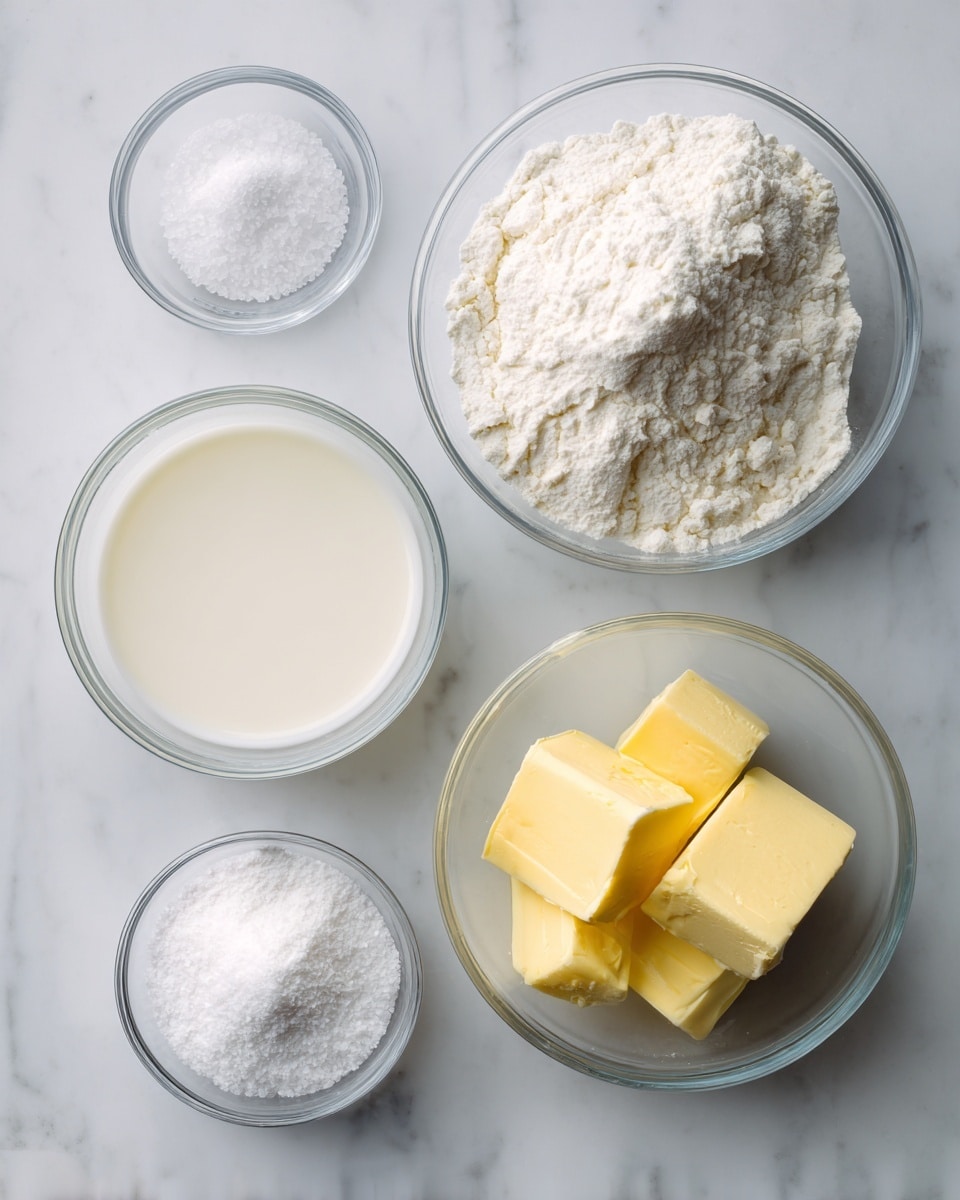 Five clear glass bowls are arranged on a white marbled surface. The top right bowl holds a mound of white flour with a slightly rough texture. Below it, to the right, is a smaller bowl with three yellow butter chunks showing soft and creamy texture. To the left of the butter, near the bottom left, a bigger bowl contains smooth white milk filling almost to the top. Above the milk, towards the center, a medium bowl is filled with white baking powder, finely ground and powdery. At the top left, a very small bowl has coarse white salt grains. Each bowl is labeled in black text above or near it. photo taken with an iphone --ar 4:5 --v 7