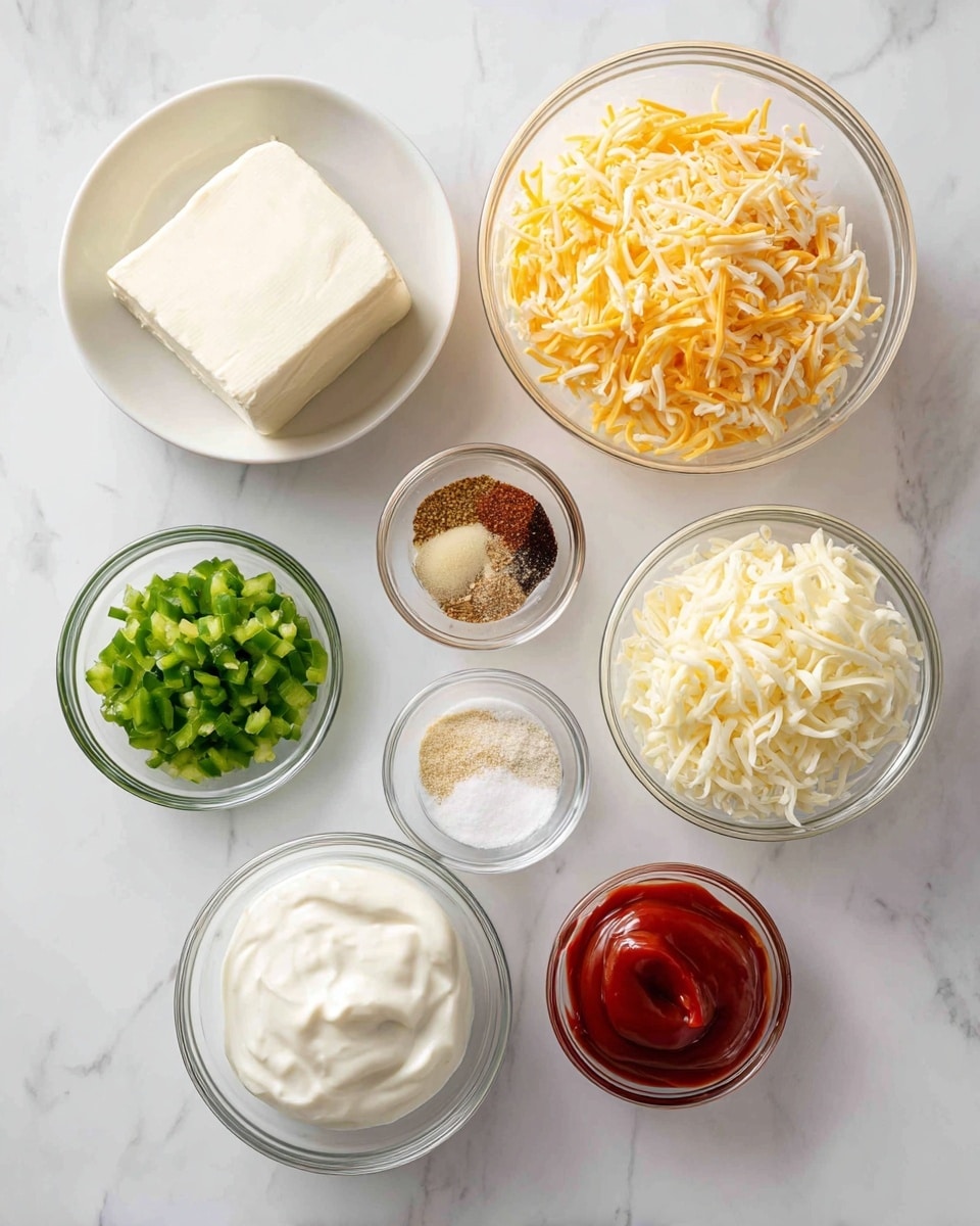 The image shows nine small clear glass bowls arranged on a white marbled surface. The largest bowl on the top left contains a solid block of white cream cheese with a smooth texture. To its right, there are two medium bowls filled with shredded cheese; the top one has a yellow-orange mix, and the bottom one has a pale yellow to white shredded cheese. In the center right, a small bowl holds a mix of brown and white spices, half and half in color and powdery in texture. Below that is a small bowl with white powder, likely seasoning. The bottom left has a medium bowl with chopped green peppers, moist and glossy. Above it is a small bowl of red ketchup with a thick and smooth texture. In the center, a medium bowl of white sour cream or yogurt shows a soft, creamy texture. The bowls are neatly spaced, showing a balanced layout, all placed on the white marbled surface. Photo taken with an iphone --ar 4:5 --v 7