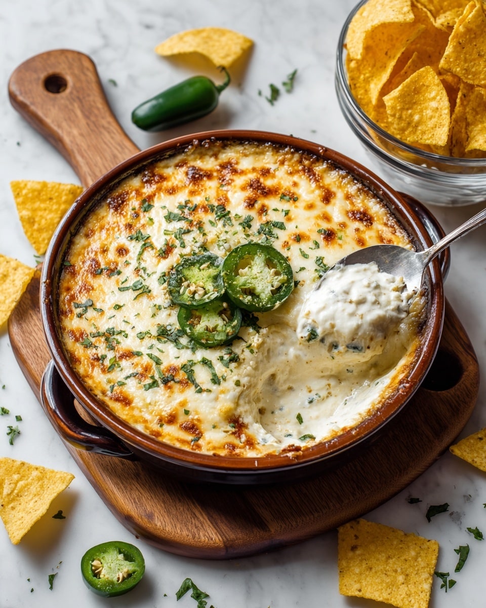 A brown round ceramic dish filled with creamy melted cheese that is golden brown on top, showing a slightly bubbly texture. The center has a layer of chopped green jalapeños sprinkled with small bits of green herbs. A spoon is scooping out a thick, smooth white cheese layer from the right side of the dish. The dish sits on a wooden board with a handle, placed on a white marbled surface. Around the dish, there are yellow triangular tortilla chips and two whole green jalapeños, with small scattered green herb pieces adding color contrast. To the top right, a clear glass bowl filled with more yellow tortilla chips is visible. photo taken with an iphone --ar 4:5 --v 7