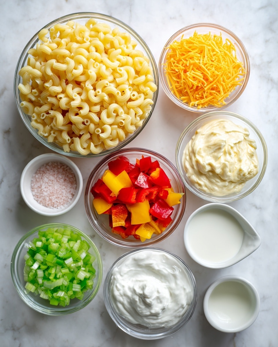 A top view of various ingredients arranged on a white marbled surface, each in a clear or white bowl. In the top center, there is a large clear bowl filled with large elbow pasta, which is yellow and wavy. To the right of it, there is a clear bowl with shredded bright orange cheddar cheese. Below that, a clear bowl holds diced sweet bell peppers in red and yellow colors. On the left side, a white bowl contains finely chopped green celery. Next to it, a clear bowl is filled with white sour cream, and below sour cream, a small white bowl holds light pink sea salt. In the center, a small white bowl contains white milk, with a smaller white bowl of white sugar to its right. At the bottom right, there is a white bowl with pale yellow mayonnaise, and just left of it is a small white bowl of clear vinegar. All items are spaced evenly and neatly placed. Photo taken with an iphone --ar 4:5 --v 7