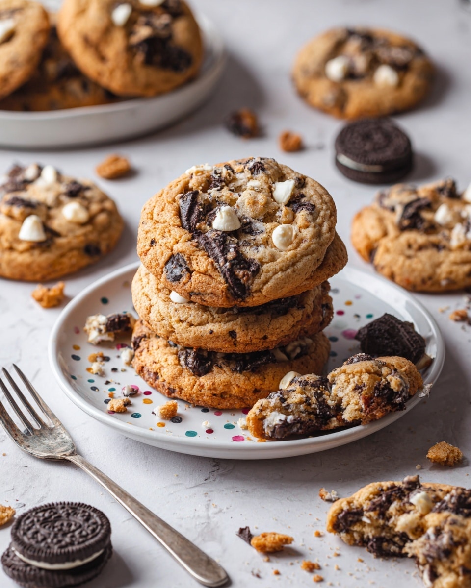 A stack of light golden-brown cookies with dark chocolate chunks and white chocolate chips on top sits on a white plate with colorful polka dots in the center of the image. Around the plate, several similar cookies are scattered, some partially broken, revealing soft, chewy insides. Crumbled cookie pieces and whole dark sandwich cookies with cream filling lie nearby on a white marbled surface. A woman's hand is holding a fork on the left side of the image, adding a touch of interaction. photo taken with an iphone --ar 4:5 --v 7