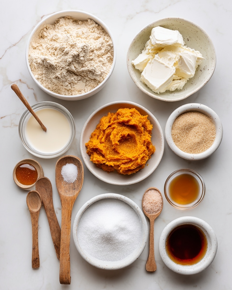 The image shows eleven small white bowls and wooden spoons laid out on a white marbled surface, each holding a different ingredient. Starting from the top left, there is a bowl filled with beige flour that has a soft, powdery texture. To its right is a white bowl with thick, white coconut oil that looks smooth and solid. Below the flour, a bowl contains creamy non-dairy milk with a pale off-white color. Next to it is a bowl with bright orange, textured pumpkin puree. To the right of the puree is another bowl with light tan granulated sugar. At the bottom left, a bowl holds clear amber pure maple syrup with a shiny liquid surface. Above it, a smaller bowl holds light brown vanilla extract. Near the middle right, a white bowl is filled with fine white powdered sugar that looks soft and airy. To its left are three wooden spoons, one with white baking powder, another with brown pumpkin spice powder, and a tiny one with fine light pink salt. All items are evenly spaced and clearly displayed. Photo taken with an iphone --ar 4:5 --v 7