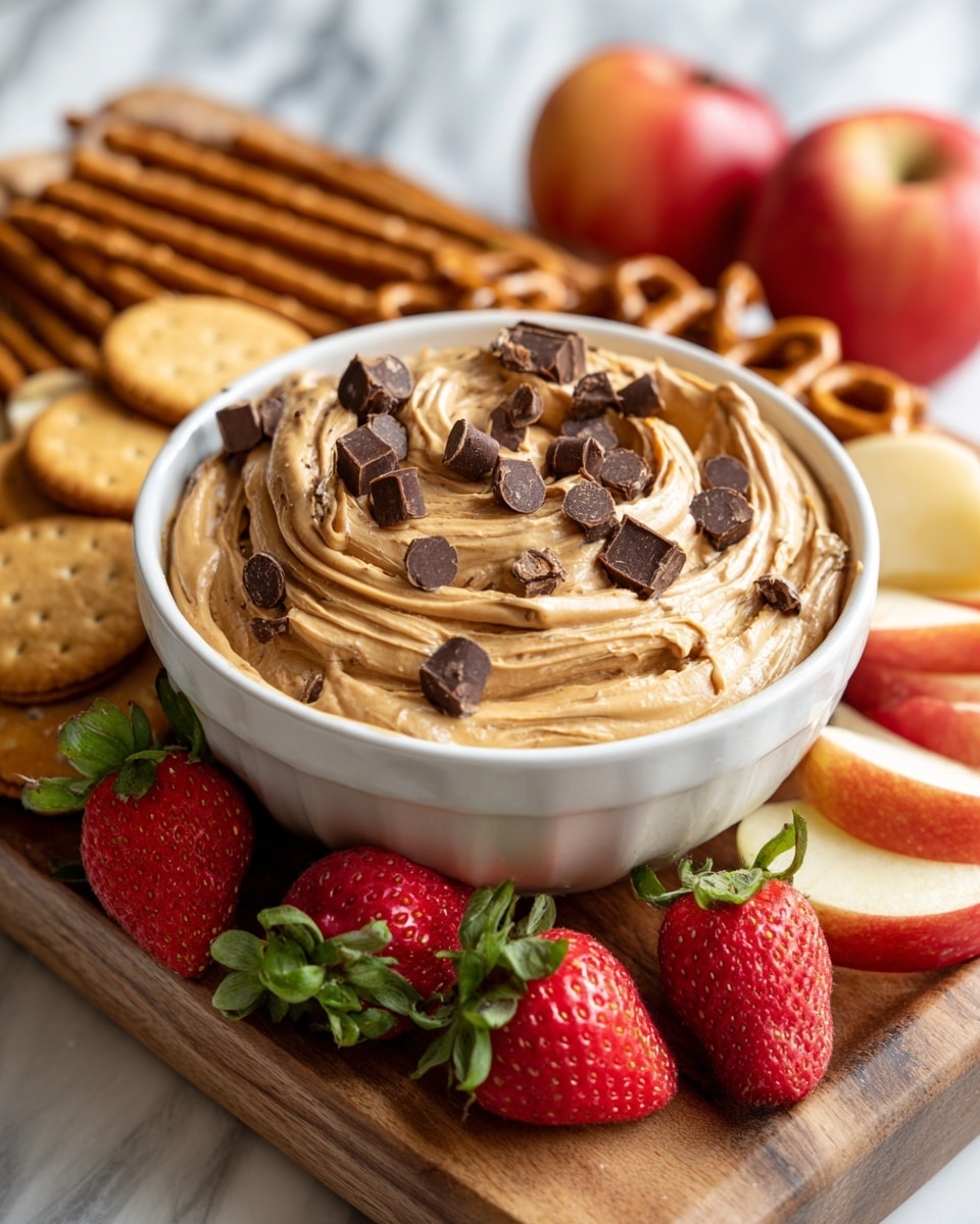 A white bowl filled with one large swirl of creamy peanut butter dip, light brown in color, decorated with whole dark brown chocolate chips and chunks of chocolate candy on top. The bowl is placed on a wooden board surrounded by round golden brown vanilla wafer cookies at the bottom left, bright red strawberries with green leaves below the bowl, light brown pretzels on both sides, and sliced apples with red and yellow skin on the right side. The scene is set on a white marbled surface photo taken with an iphone --ar 4:5 --v 7