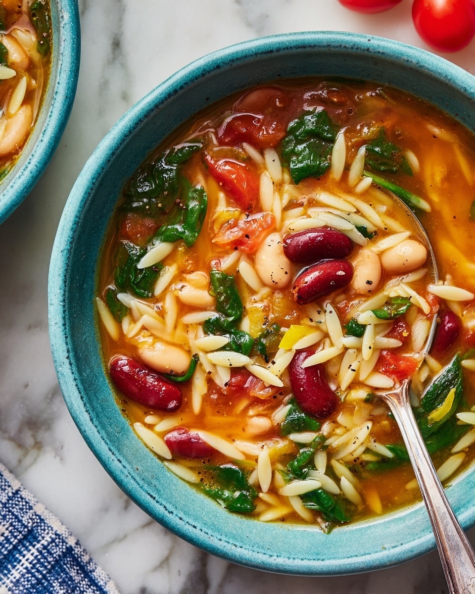 A close-up of a blue bowl filled with a warm soup showing three main layers: the first layer is small, light beige orzo pasta, scattered thickly throughout; the second layer has a mix of red kidney beans, light brown pinto beans, and bright green spinach leaves, spread evenly; the third layer is a rich orange broth that lightly coats all the ingredients, with some yellow slices of cooked vegetables peeking out. The soup surface has a glossy texture with small black pepper specks, and a silver spoon is partially dropped into the bowl on the right side. The bowl is placed on a white marbled surface with some red grape tomatoes and a blue and white checkered cloth visible in the background. Photo taken with an iphone --ar 4:5 --v 7
