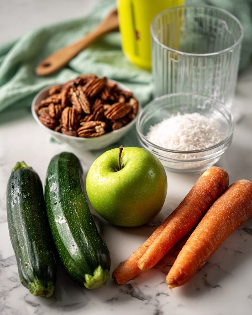 The image shows various fresh ingredients placed on a white marbled surface. Starting from the left, there is a small pile of brown pecans with a textured, wrinkled look. Next to the pecans, two small dark green zucchinis with a smooth skin lie side by side. In front of them, there is a shiny, bright green apple with a visible stem hole. To the right of the apple, two orange carrots with a slightly rough texture rest next to a small mound of white shredded coconut. Behind the ingredients, two clear glass mixing bowls of different sizes and a small yellow silicone baking cup are slightly out of focus. A green cloth and a wooden spoon are partly visible in the background. The photo taken with an iphone --ar 4:5 --v 7