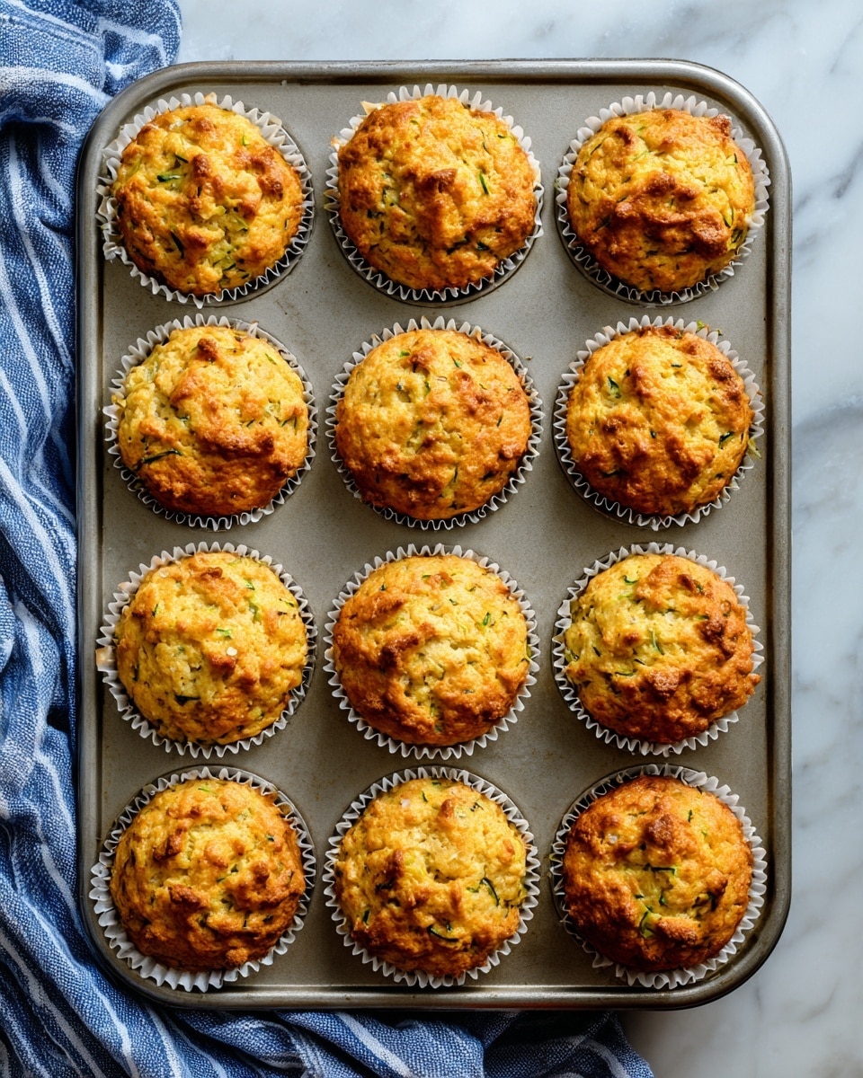 A baking tray filled with twelve golden brown muffins, each nestled in silver paper liners, showing a slightly rough and textured top with small green flecks visible, indicating the presence of zucchini. The muffins are evenly spaced in three rows of four within the metal baking tray. The tray sits on a white marbled surface, partly covered by a blue and white striped cloth on the bottom left corner. The lighting highlights the muffins' warm, inviting color and slightly crisp texture. Photo taken with an iphone --ar 4:5 --v 7