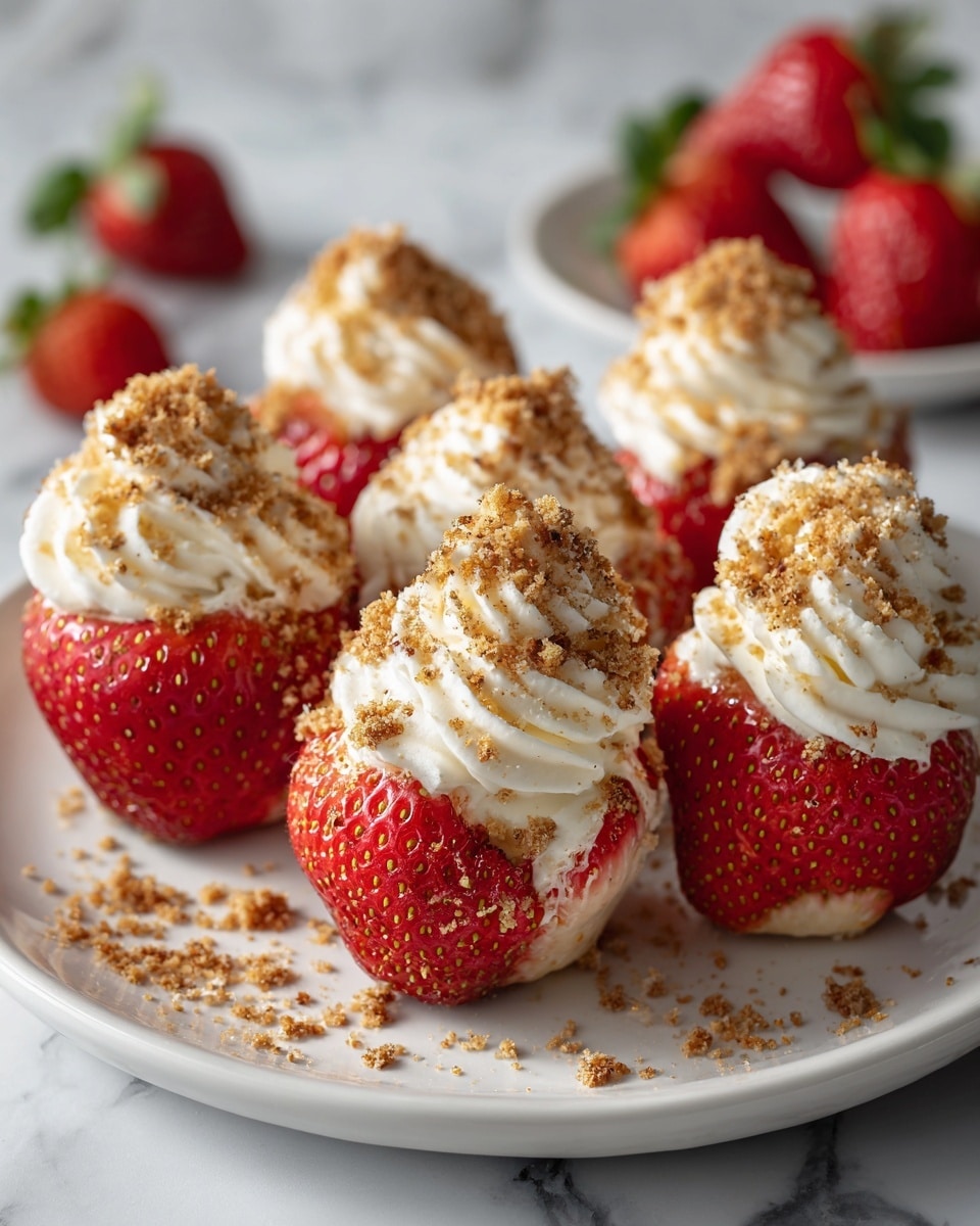 A white plate is filled with bright red strawberries, each topped with a swirl of light cream that looks soft and smooth. A light brown crumbly powder is sprinkled over the cream and some on the plate, adding a crumbly texture. The strawberries are hollowed out and filled with the cream, sitting close to each other on the plate. The background shows a white marbled surface with a few whole strawberries blurred in the distance. photo taken with an iphone --ar 4:5 --v 7