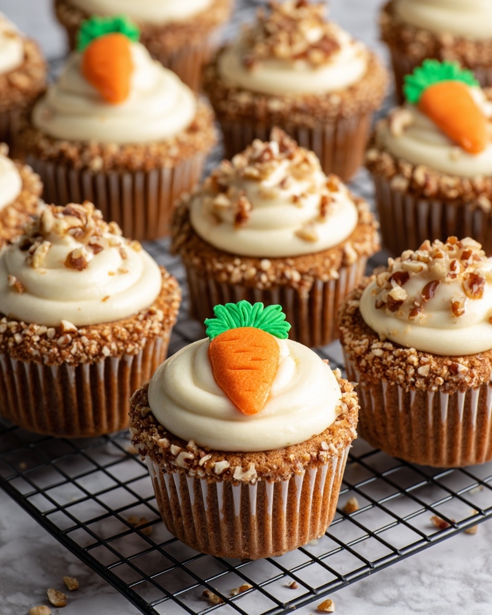 There are 15 round carrot cupcakes placed on a black cooling rack over a white marbled texture. Each cupcake has one layer of light brown cake as the base. A thick layer of creamy white frosting covers the top of each cupcake. Some cupcakes are decorated with small chopped nuts pressed around the edge of the frosting, adding a rough brown texture. The other cupcakes are decorated with an orange carrot shape made of icing in the center, with green icing as carrot leaves on top. The cupcakes have a homemade look with slightly uneven frosting spread on top. photo taken with an iphone --ar 4:5 --v 7