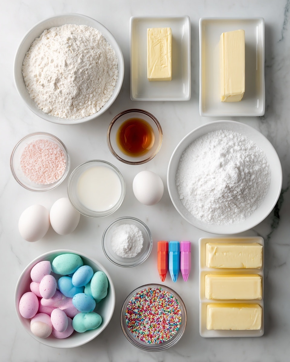 Two sections of ingredients are arranged on a white marbled surface, divided by a black line. On the left side, ingredients for cupcakes include a white bowl of all-purpose flour at the top left, a white rectangular dish with two sticks of butter to the right, a small clear bowl of vanilla extract below the flour, a white bowl of whole milk below that, a small clear bowl of salt near the center, a small clear bowl of baking powder to the right of salt, three white eggs below the baking powder, a white bowl of granulated sugar at the bottom center, and three small tubes of gel food coloring in pink, blue, and yellow placed horizontally below the milk. On the right side, ingredients for buttercream and decorating include a large white bowl of confectioners sugar at the top left, a small clear bowl of mini pastel-colored eggs at the top right, a small clear bowl of vanilla extract below the eggs, a small clear bowl of milk below the vanilla extract, a small clear bowl of almond extract near the center, a small white bowl of colorful sprinkles below the almond extract, and a white rectangular dish holding four sticks of butter at the bottom right. The items are arranged neatly with clear labels in black font on white backgrounds. Photo taken with an iphone --ar 4:5 --v 7