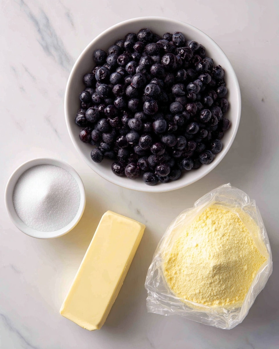 The image shows four ingredients placed on a white marbled surface. At the top center, there is a white bowl full of dark purple blueberries, which look fresh or frozen. Near the bottom left, there is a small white bowl filled with fine white granulated sugar. To its right, a stick of pale yellow butter is lying flat on the surface. On the right side of the image, there is a clear plastic bag filled with yellow cake mix powder. All items are neatly arranged and clearly visible. Photo taken with an iphone --ar 4:5 --v 7
