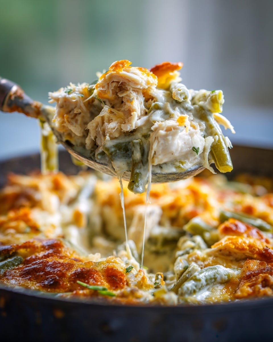 The image shows a close-up of a large silver spoon holding a thick mixture of shredded white chicken, melted yellowish cheese, and green beans with browned spots. The dish looks creamy and mixed well with bits of herbs and small orange-brown baked crust pieces on the surface. The spoon is lifted out of a dark pot containing more of the same mixture. The background is softly blurred, highlighting the detailed texture of the cheesy chicken and vegetables. Photo taken with an iphone --ar 4:5 --v 7