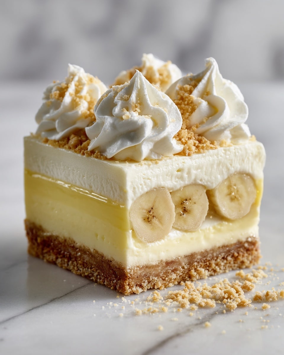 The image shows a slice of creamy dessert with four distinct layers. The bottom layer is a crumbly, light brown crust with a grainy texture that slightly spills onto the white marbled surface. Above the crust, there is a pale yellow custard layer with slices of banana embedded inside. On top of the custard is a thick, smooth, and fluffy cream layer that is off-white. The dessert is topped with white swirls of whipped cream placed evenly around the edge and a sprinkle of finely crushed crumbs on the top surface. Photo taken with an iphone --ar 4:5 --v 7