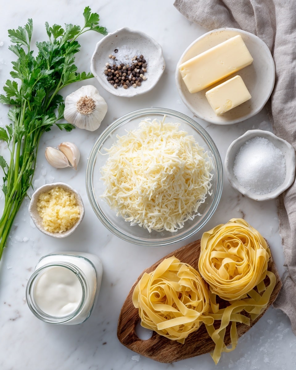 The image shows a flat lay of cooking ingredients arranged on a white marbled surface. At the center is a clear glass bowl filled with finely shredded pale yellow parmesan cheese. To the top right, a white bowl contains two thick slices of pale yellow butter. Just below it is a small clear bowl with minced light yellow garlic. On the top left, there is a small white saucer holding two small white bowls, one filled with coarse white salt and the other with whole black peppercorns, along with three garlic cloves. A bunch of fresh green parsley with long stems is placed nearby, and at the bottom left, there is a small glass jar of white heavy cream. On the bottom right lies a wooden board holding two nests of uncooked yellow fettuccine pasta and a wedge of hard yellow cheese. The setup is clean and bright, with a light gray cloth faintly visible near the wooden board photo taken with an iphone --ar 4:5 --v 7