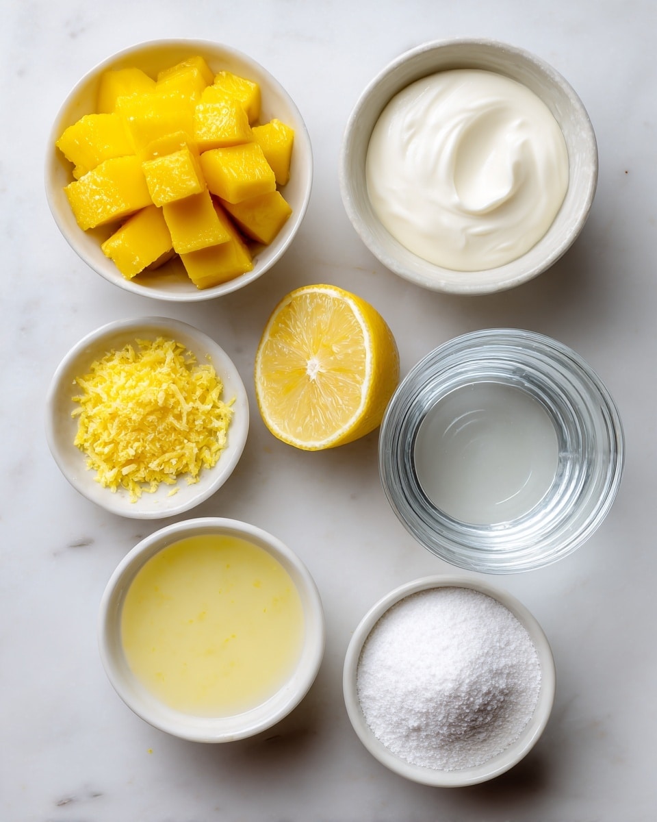The image shows six small white bowls on a white marbled surface arranged in a loose circle. The top left bowl contains a bright yellow mango cut into cubes with a textured surface and juicy look. To its right, a bowl holds smooth, thick white cream. Below the mango bowl is a tiny bowl with finely grated yellow lemon zest. Next to it, there is a bowl with pale yellow lemon juice, smooth and slightly translucent. Below the lemon juice is a half lemon showing its juicy interior and bright yellow peel. To the right of the half lemon is a clear bowl with transparent water, and above it, a bowl holds a heap of fine white powdered sugar with a soft texture. The whole layout is bright and clean. photo taken with an iphone --ar 4:5 --v 7