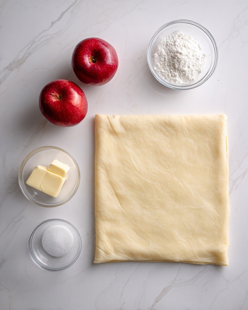 The image shows a large square sheet of pale yellow puff pastry placed on a white marbled surface, positioned on the right side. On the left side, there are two red apples with a shiny texture, one placed above the other. Below the apples, there is a small clear bowl with a light yellow cube of butter and another small clear bowl with white sugar. The whole setup is clean and bright, arranged neatly on a white marbled surface. photo taken with an iphone --ar 4:5 --v 7
