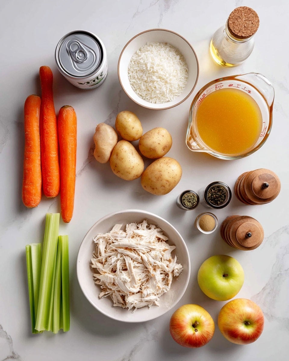 The image shows an assortment of cooking ingredients placed on a white marbled surface arranged neatly. From left to right, there are three orange carrots next to three green celery sticks, two medium-sized light brown potatoes, a small white bowl filled with white rice, and a white bowl with light-colored shredded chicken pieces. Above those, from left to right, there is a can of white coconut milk, a small white bowl of flour, and a glass measuring cup filled with golden-yellow broth. Next to the broth are three dark glass spice jars labeled thyme, curry, and turmeric. On the far right, there is a glass bottle of light golden oil with a cork stopper and a wooden salt and pepper grinder set. Nearby are a whole yellow onion, a small white garlic bulb, and two yellow apples at the bottom right corner. The overall setup is bright and clean with each ingredient clearly visible. photo taken with an iphone --ar 4:5 --v 7