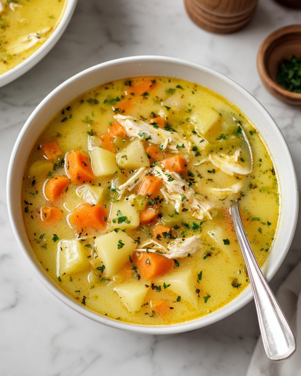 A white bowl filled with a thick yellow soup that has visible chunks of orange carrots, light yellow potatoes, green celery, and small pieces of white chicken. The soup is creamy with small flecks of green herbs sprinkled on top. A silver spoon is placed inside the bowl on the right side. The bowl is set on a white marbled surface with parts of another white bowl and some wooden containers showing nearby. Photo taken with an iphone --ar 4:5 --v 7