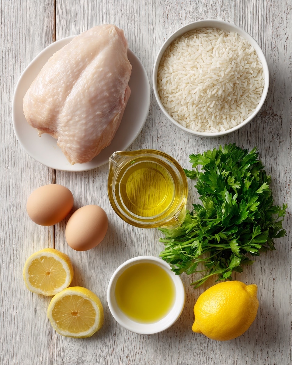 The image shows raw cooking ingredients arranged neatly on a wooden surface with a white marbled texture background. On the top left, there is a large raw chicken piece with a smooth, pale pink texture. To its right, a white bowl is filled with white uncooked rice grains. Below the rice, two light brown eggs rest in a small white bowl. In the center, a clear measuring cup contains a golden yellow liquid, likely oil. Below it, a small white bowl holds a smaller amount of a similar golden liquid. To the bottom right, a bunch of fresh green parsley lies beside three lemon halves, each showing a bright yellow rind and juicy pale yellow interior. A whole lemon with a bright yellow peel is also placed next to the lemon halves. photo taken with an iphone --ar 4:5 --v 7