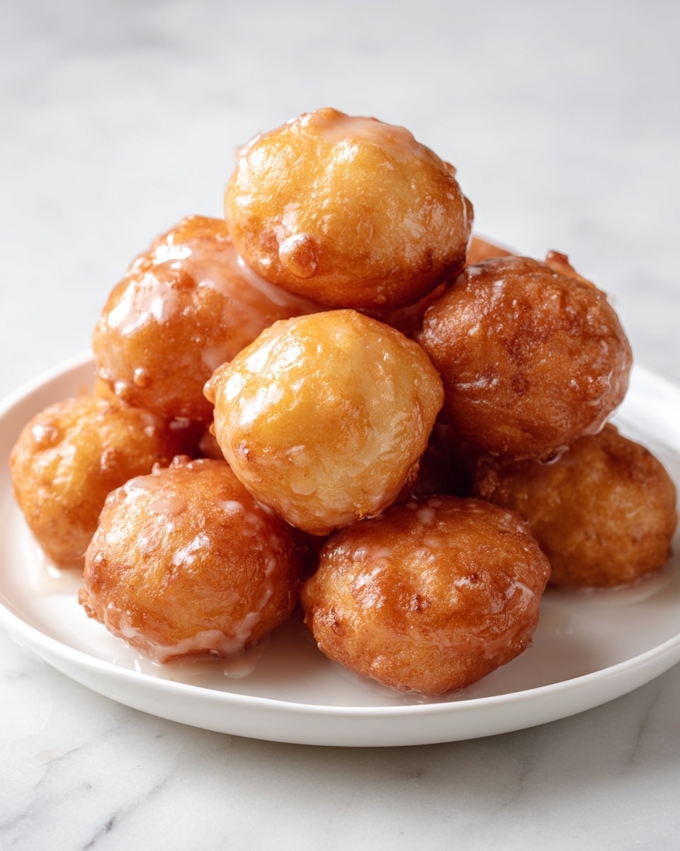 A white plate filled with about eleven round, golden-brown fritters stacked in a small pile. Each fritter has a smooth, shiny glaze coating that reflects light, giving them a slightly wet look. The fritters are irregularly shaped with small bumps and uneven surfaces, showing a crispy texture underneath the glaze. The plate rests on a white marbled surface with soft, natural lighting enhancing the warm tones of the fritters. photo taken with an iphone --ar 4:5 --v 7