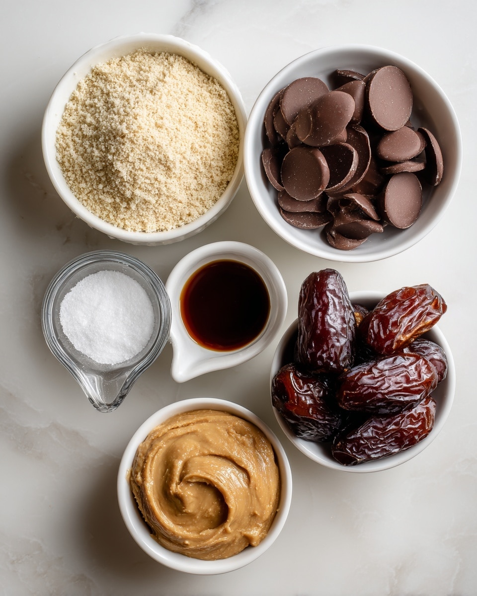 The image shows six small white bowls and one clear measuring cup arranged on a white marbled surface. The top left bowl holds light beige almond flour with a grainy texture. To its right, there is a white bowl filled with dark brown, shiny chocolate discs. Below the almond flour bowl is a small white bowl containing white salt with a fine texture. To the right and slightly down is a clear measuring cup filled with dark brown dates, glossy and wrinkled, stacked inside. Below the salt bowl is a small white bowl with dark brown vanilla extract, smooth and liquid. Lastly, at the bottom center is a small white bowl filled with tan cashew butter, creamy and thick with a slightly rough surface. photo taken with an iphone --ar 4:5 --v 7