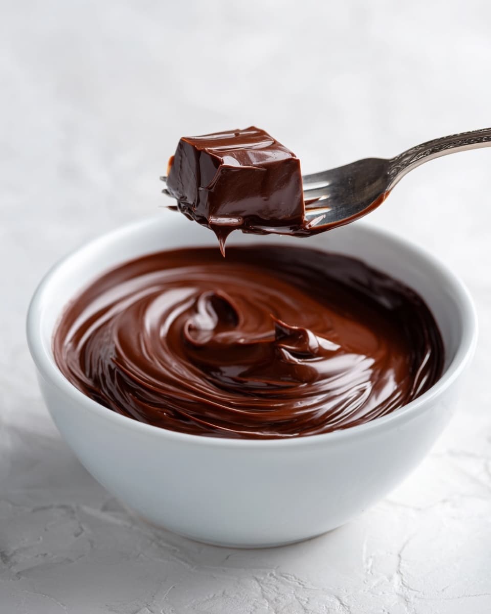 A white bowl filled with smooth, dark brown melted chocolate sits on a white marbled surface. A silver fork holds a small cube of chocolate candy, fully covered in the rich, glossy chocolate coating, raised slightly above the bowl. The chocolate inside the bowl has a shiny, thick texture, with some ripples visible. Photo taken with an iphone --ar 4:5 --v 7