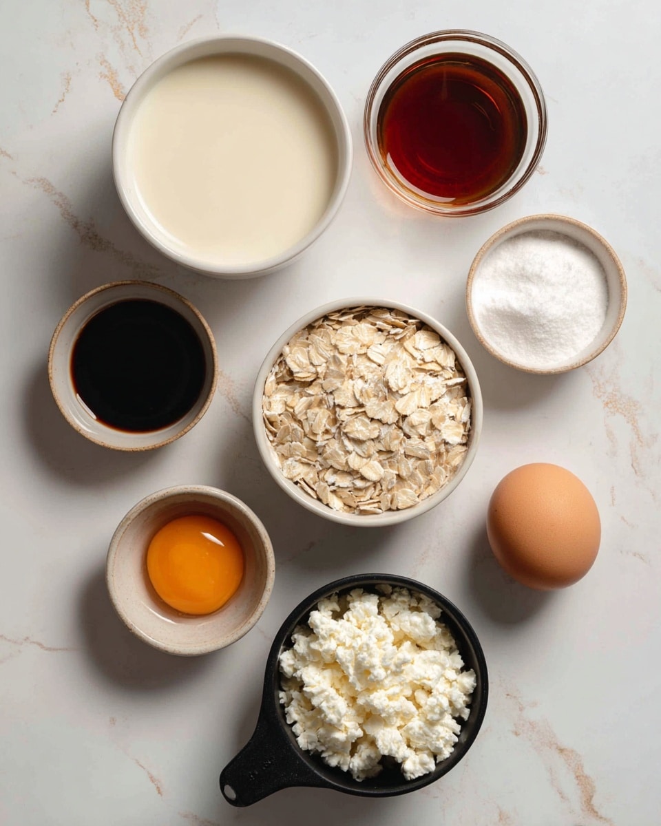 The image shows seven small white bowls and a black measuring cup arranged on a white marbled surface. Each bowl holds a different ingredient: milk in a smooth, light beige bowl with a creamy white liquid inside, vanilla extract in a light brown bowl with a dark amber liquid, oats in a white bowl filled with flat, pale beige oat flakes, baking powder and soda together as white powders in another light brown bowl, an egg sitting in a clear glass bowl with a smooth brown shell, maple syrup in a round clear glass bowl with a rich, dark amber liquid, and cottage cheese in a black measuring cup with a lumpy, white texture. All items are neatly spaced and labeled clearly. Photo taken with an iphone --ar 4:5 --v 7