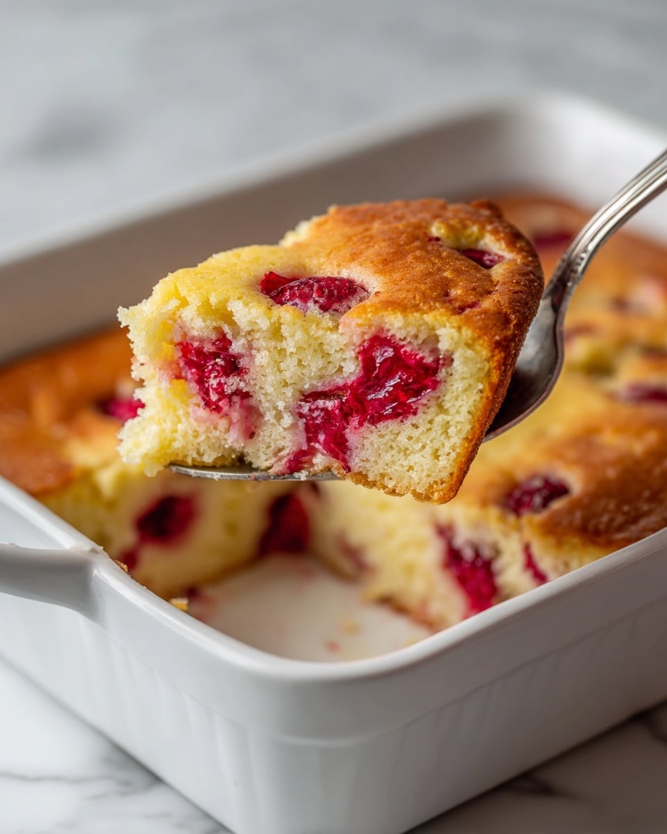 The image shows a close-up of a spoon lifting a piece of a golden-brown baked dessert from a white baking dish. The dessert has a soft, spongy texture with bright red raspberry pieces mixed throughout the light brown cake. The raspberries are juicy and slightly sunken into the cake, adding vibrant color against the golden top. The white baking dish with a smooth finish contrasts with the warm tones of the dessert. The background has a white marbled texture, enhancing the clean and fresh look. Photo taken with an iphone --ar 4:5 --v 7