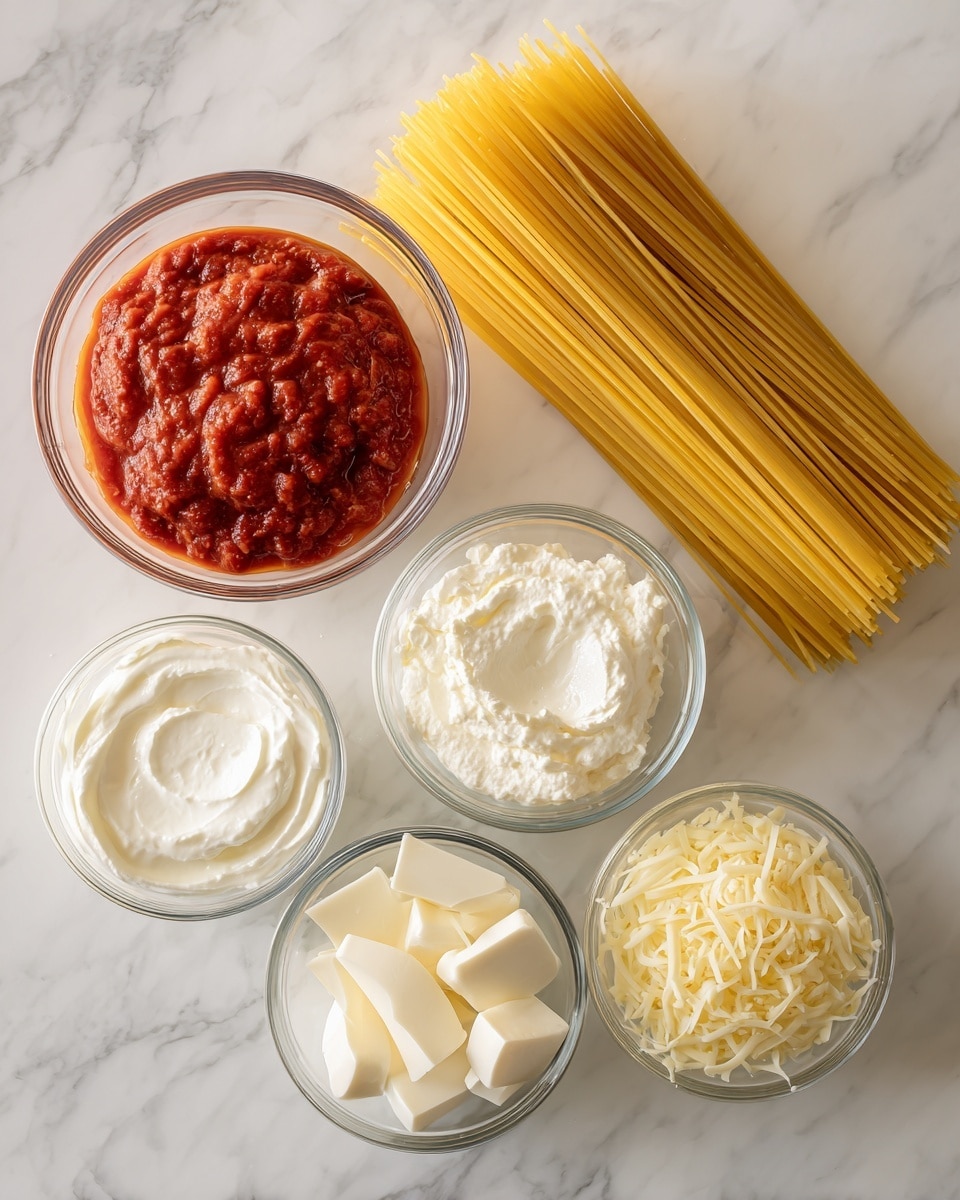 The image shows six clear glass bowls arranged on a white marbled surface. The largest bowl on the right holds dry yellow spaghetti pasta standing upright. Above the spaghetti bowl is a medium bowl filled with chunky red tomato sauce. Below the tomato sauce, there are three small bowls in a row: one with smooth white cream cheese, one with soft white ricotta cheese, and one with white sliced mozzarella cheese. At the bottom right, a small bowl holds shredded pale yellow cheese, likely Parmesan. The textures range from smooth and creamy to chunky and shredded. Photo taken with an iphone --ar 4:5 --v 7