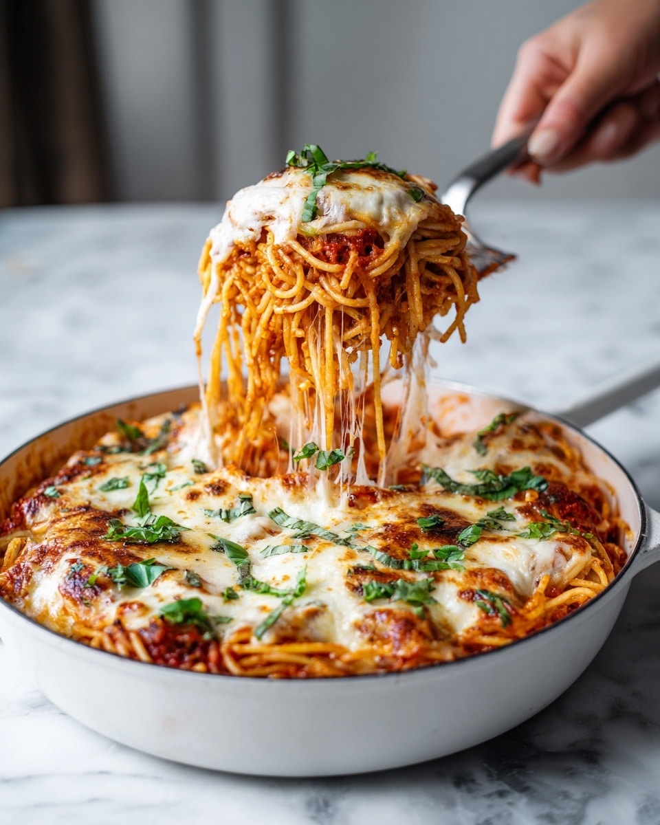 The image shows a white round pan filled with baked spaghetti. The dish has multiple layers starting with a base of spaghetti mixed with red tomato sauce. On top of the pasta, there are thick layers of melted white cheese that look soft and creamy, with some golden brown spots from baking. Bright green fresh basil leaves are scattered on top, adding color contrast. A woman's hand holding a spatula is lifting a portion of the spaghetti, revealing stretchy melted cheese and pasta below. The pan is set on a white marbled surface. photo taken with an iphone --ar 4:5 --v 7
