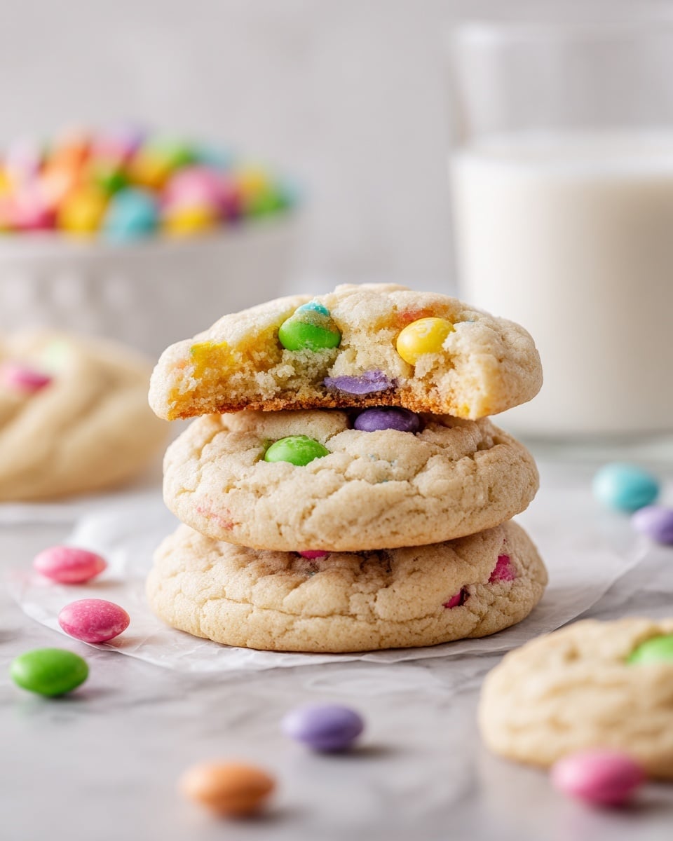 A stack of three thick, light beige cookies with a cracked surface sits on a white marbled background; the top cookie is broken in half, revealing a soft, crumbly inside with colorful candy pieces embedded—yellow, green, purple, and pink. Around the stack, scattered candies in bright pastel colors add a playful touch. Behind the cookies, there is a clear glass of white milk, slightly out of focus, and in the far background, more cookies and a white bowl filled with colorful candies can be seen. The photo is softly lit with a clean, bright atmosphere. photo taken with an iphone --ar 4:5 --v 7