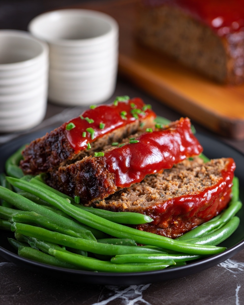 The image shows a close-up of two thick slices of meatloaf stacked on a round white plate. Each slice is topped with a shiny, rich red sauce that drips slightly over the edges. Underneath and surrounding the meatloaf slices, there are fresh, bright green beans with a slightly glossy texture. Behind the plate, there is a blurred background with a white marbled surface and an out-of-focus piece of meatloaf on a wooden board. Photo taken with an iphone --ar 4:5 --v 7