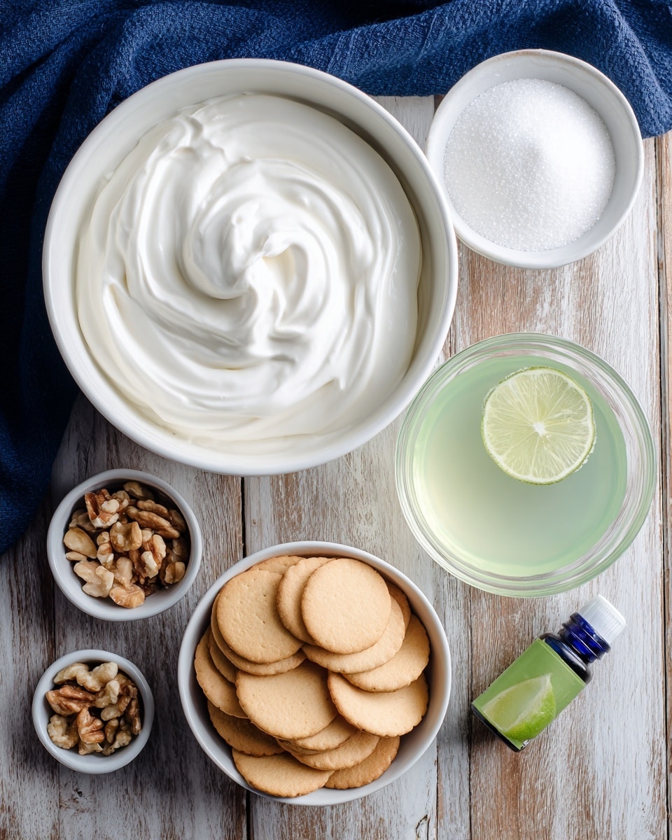 The image shows six white bowls placed on a wooden table with a white marbled texture. The largest white bowl at the top center contains a smooth, fluffy white cream with a swirled texture. To its right is a smaller white bowl filled with white granulated sugar. Below these, in the middle left, there is a white bowl with a layer of golden-brown round crackers neatly arranged. Next to it on the bottom right is a transparent cup filled with a light green liquid with a slice of lime floating inside. To the bottom left is a small white bowl with chopped brown nuts. Finally, near the bottom center is a small green bottle labeled as vanilla extract. A dark blue cloth is partially visible underneath the bowls on the left side. photo taken with an iphone --ar 4:5 --v 7