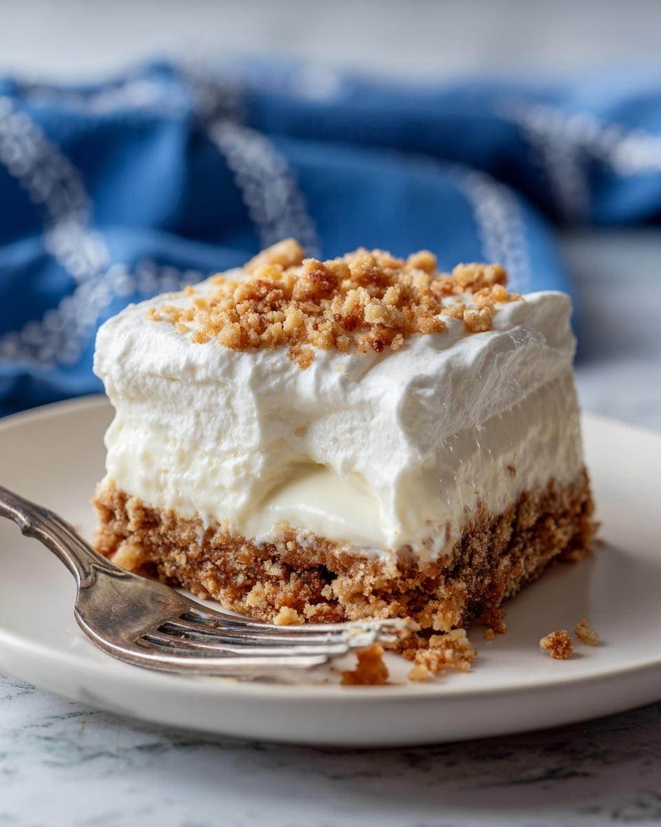 A slice of dessert with two clear layers sits on a white plate over a white marbled surface; the bottom layer is crumbly and brown with a rough texture, likely made of nuts and crumbs, while the top layer is thick, smooth white cream, slightly swirled on top. A piece of the dessert is on a fork resting on the plate, showing the crumbly texture with some cream sticking to it. In the background, a blue cloth with white stitched patterns is partly visible. Photo taken with an iphone --ar 4:5 --v 7