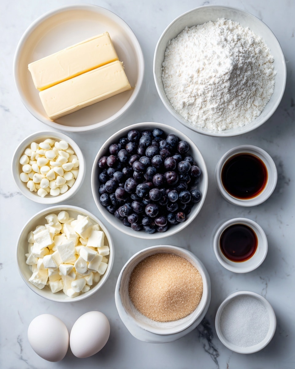 The image shows baking ingredients set out on a white marbled surface. There are two sticks of unsalted butter placed side by side at the top left. Next to them on the right is a white bowl filled with flour piled into a small mound. Below the flour bowl is a white bowl filled with blueberries, round and dark blue in color. To the left of the blueberries is a smaller white bowl containing white chocolate chips. Below that is another white bowl filled with white granulated sugar. Above the sugar bowl is a white bowl with light brown packed brown sugar. Near the bottom of the image are two white eggs resting on the surface. To the right of the eggs are four small white speckled bowls containing vanilla extract (dark liquid), baking powder (white powder), salt (white granules), and an empty bowl. photo taken with an iphone --ar 4:5 --v 7