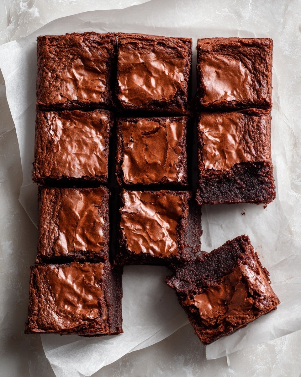A square tray of nine pieces of rich chocolate brownies on white parchment paper, with a shiny, slightly cracked top layer showing a smooth, moist texture underneath; one piece is slightly pulled out from the rest, exposing the dense, dark brown inside. The background is a white marbled texture. photo taken with an iphone --ar 4:5 --v 7