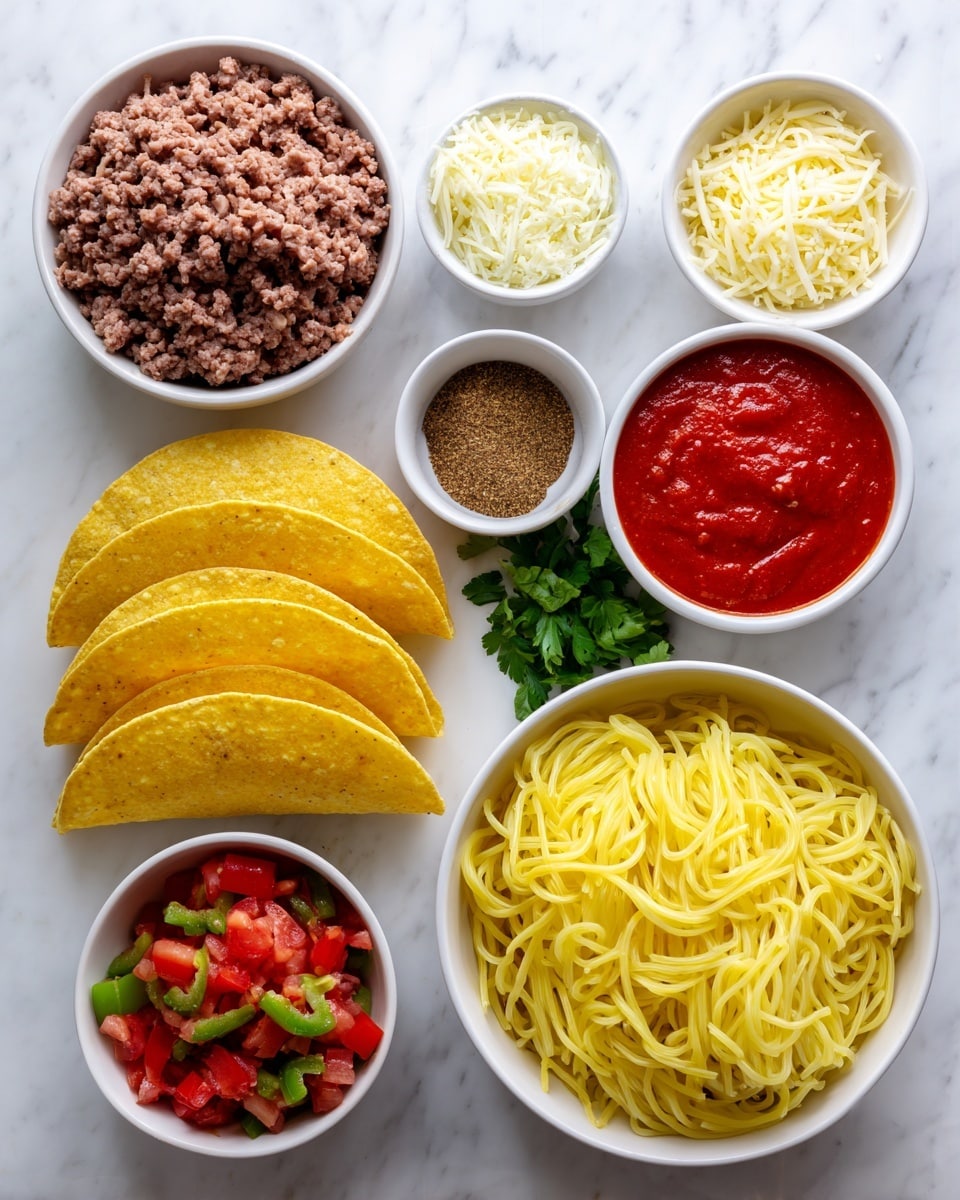 A white bowl with raw ground meat sits at the top center, with a small white bowl of grated cheese to its left and a small white bowl of brown seasoning to its right. Below, there are five yellow taco shells stacked horizontally in an arc. On the left side, a small white bowl holds red diced tomatoes mixed with green peppers. On the right, a small white bowl contains a smooth red sauce. At the bottom center, a white bowl is heaped with cooked yellow spaghetti noodles. Green parsley leaves lie on the white marbled surface in the top left and bottom right corners. Photo taken with an iphone --ar 4:5 --v 7