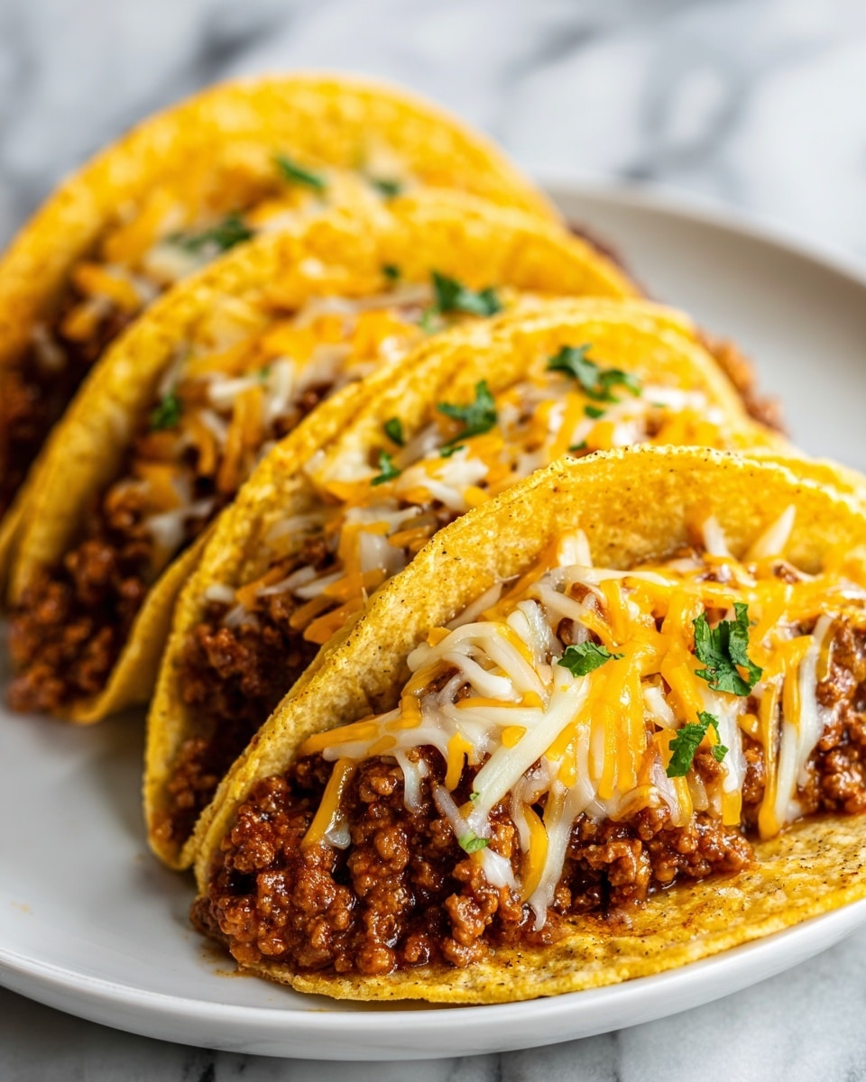 A close-up of five tacos lined up on a white plate, each taco filled with a layer of seasoned ground meat topped with melted yellow and white cheese that stretches slightly over the edges. There are thin strands of orange and white cheese melted unevenly on top, giving a gooey texture. Small green herbs are sprinkled over the cheese, adding a touch of color. The tacos are placed on a white marbled surface, with the tortilla shells slightly crisp and golden brown. Photo taken with an iphone --ar 4:5 --v 7