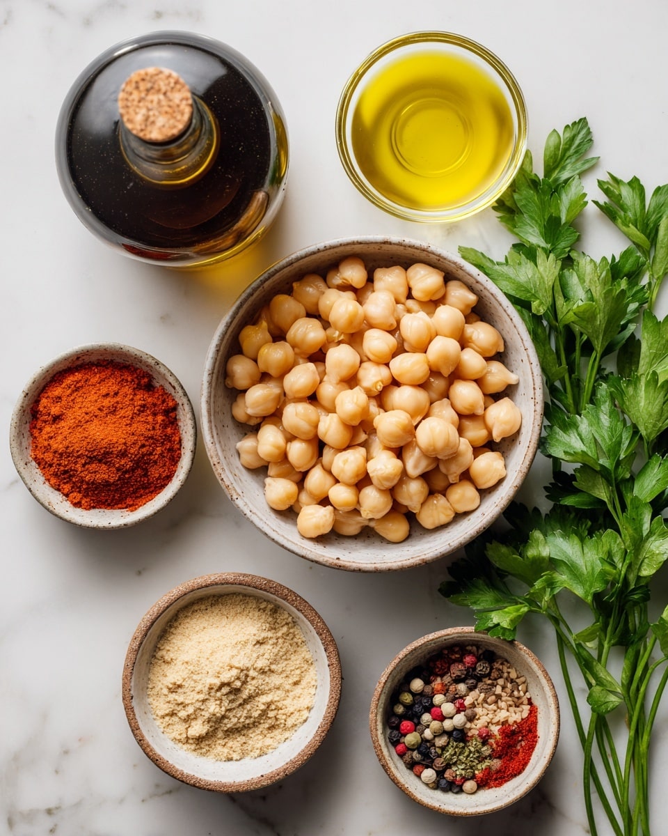 The image shows six small bowls with different ingredients on a white marbled surface. At the center is a small bowl filled with light beige chickpeas that look smooth and round. To its top left, there is a large bottle with dark brown liquid, and next to it, a small bowl with yellow oil. To the right of the chickpeas, fresh green parsley with broad leaves lies on the surface. Below the chickpeas are three bowls of spices: the left bowl has bright red powder, the center one holds a light beige powder, and the right bowl contains a mix of red powder with black and white small round specks. All items are neatly arranged and clearly visible. photo taken with an iphone --ar 4:5 --v 7