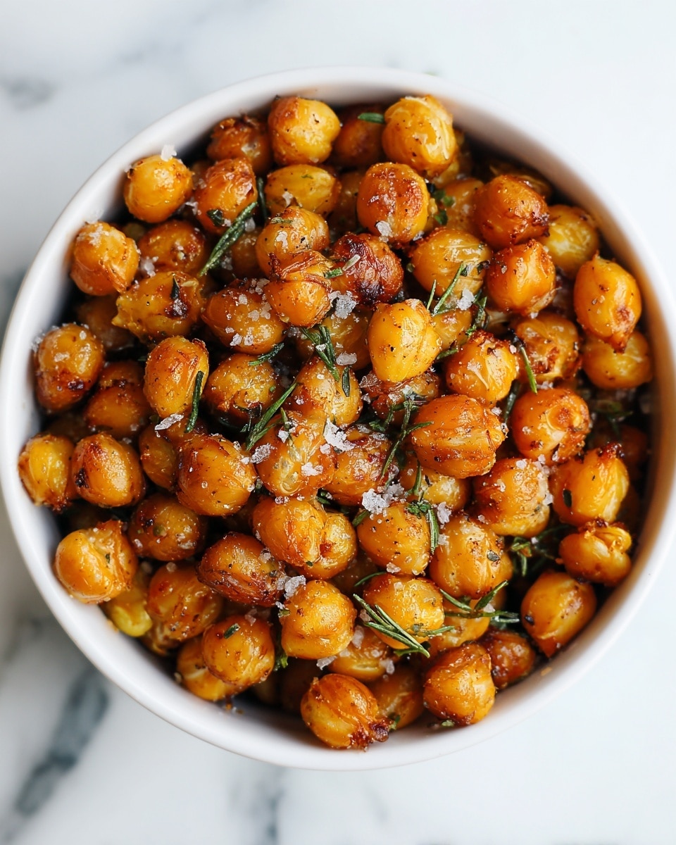 The image shows a close-up view of a bowl filled with golden-brown roasted chickpeas. Each chickpea is round and slightly shiny, with some having a slight crispy texture on the outside. Small green herb pieces and a sprinkling of coarse salt are scattered evenly over the top, adding color contrast. The chickpeas fill the bowl in one single layer, making the rich caramelized color stand out against the white bowl. The bowl sits on a white marbled surface, and the lighting highlights the warm tones and textures of the roasted chickpeas. photo taken with an iphone --ar 4:5 --v 7