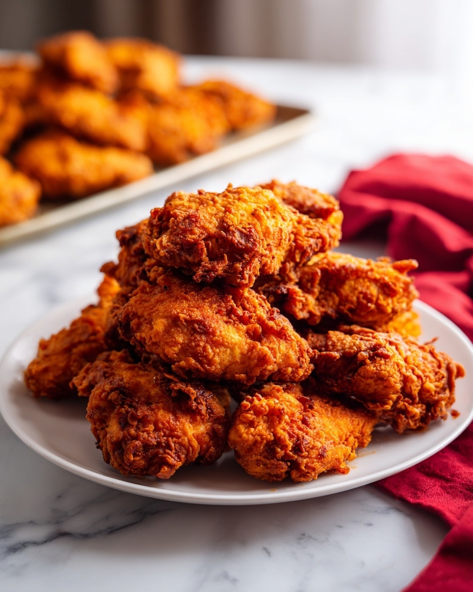 A white plate filled with many small, rough-textured, golden-brown fried chicken pieces stacked in a loose pile at the center. The fried pieces have a crunchy, uneven surface with some darker toasted spots. Behind the plate is a blurred tray also holding similar fried chicken pieces, and a blurred red cloth is on the right side. The scene is set on a white marbled surface with soft natural light highlighting the crispy texture of the chicken. Photo taken with an iphone --ar 4:5 --v 7