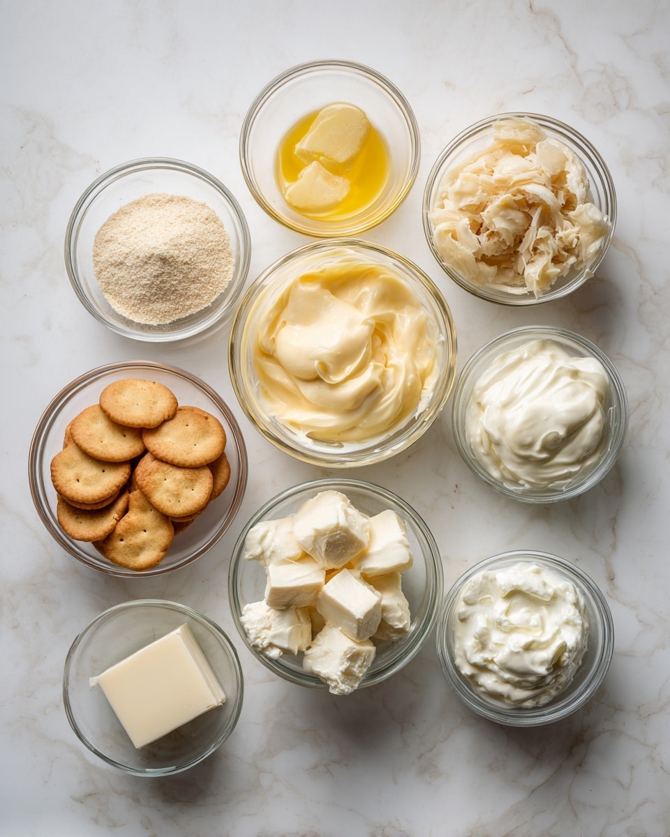 The image shows nine clear glass bowls placed on a white marbled surface. From the top left corner to the right, there is a small bowl with light beige powder, next to it a small bowl with yellow melted butter, then a medium bowl filled with pale yellow creamy mayo, and on the far right a larger bowl with shredded cooked chicken. Below the powders and butter is a medium bowl with round golden crackers, to its right a medium bowl with white cottage cheese, a smaller bowl of thick white sour cream, and a small bowl with a white cream cheese block. All contents are well visible due to the clear bowls and the bright lighting. Photo taken with an iphone --ar 4:5 --v 7