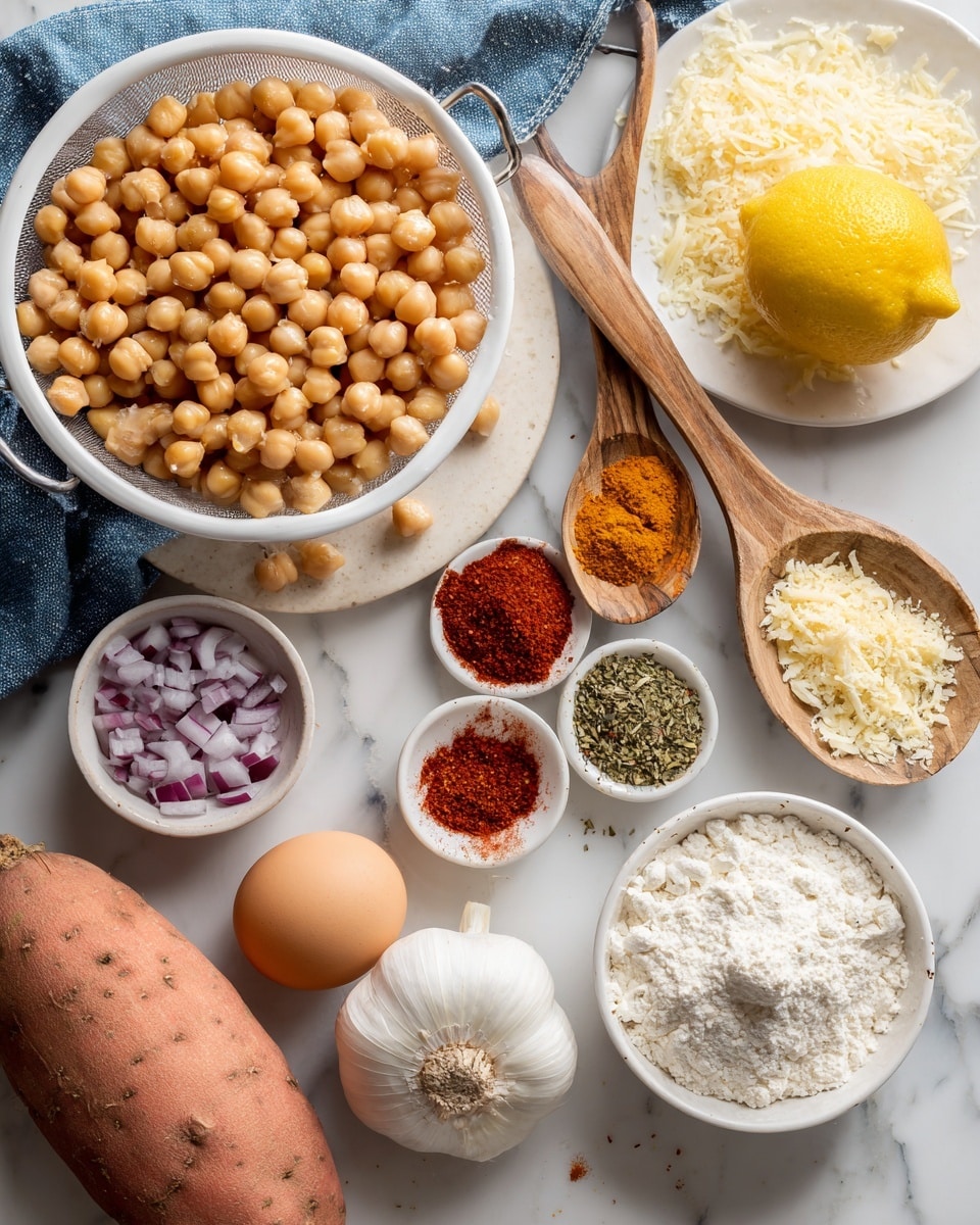 A white strainer filled with light brown chickpeas is placed on a white plate in the top left corner. To the right side, there is a small white bowl heaped with grated pale yellow parmesan cheese. Below it, a bright yellow lemon lies on the white marbled surface. Two wooden spoons with different shades of brown handles hold red smoked paprika and green oregano powders, positioned diagonally facing bottom left. Below the spoons, a single white garlic clove lies next to a small white bowl filled with finely chopped purple and white onion. A whole light brown egg is near the bottom left region, next to a whole orange sweet potato resting on a blue cloth that covers part of the surface. A small white bowl of white flour completes the layout near the bottom right corner. All items are arranged on a white marbled textured surface. Photo taken with an iphone --ar 4:5 --v 7