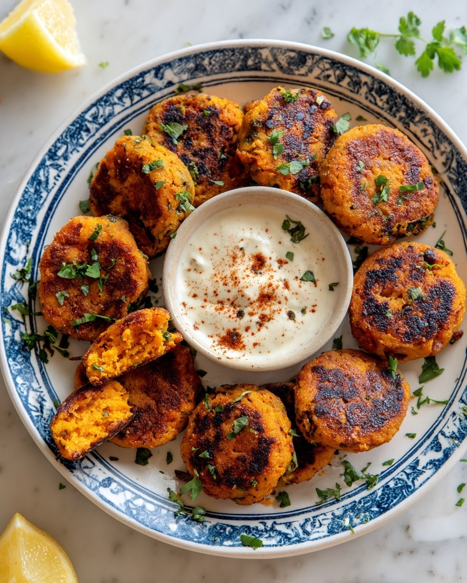 The image shows a white plate with a blue decorative border, holding ten small, round, golden-brown patties with a slightly crispy texture. The patties are orange inside with dark brown char marks on the top surface and sprinkled with finely chopped green herbs. One patty is broken in half with a dollop of white sauce on it, while a small bowl of creamy white sauce dusted lightly with red spice sits in the center of the plate. The plate is placed on a white marbled surface with some lemon wedges and green herbs nearby. photo taken with an iphone --ar 4:5 --v 7