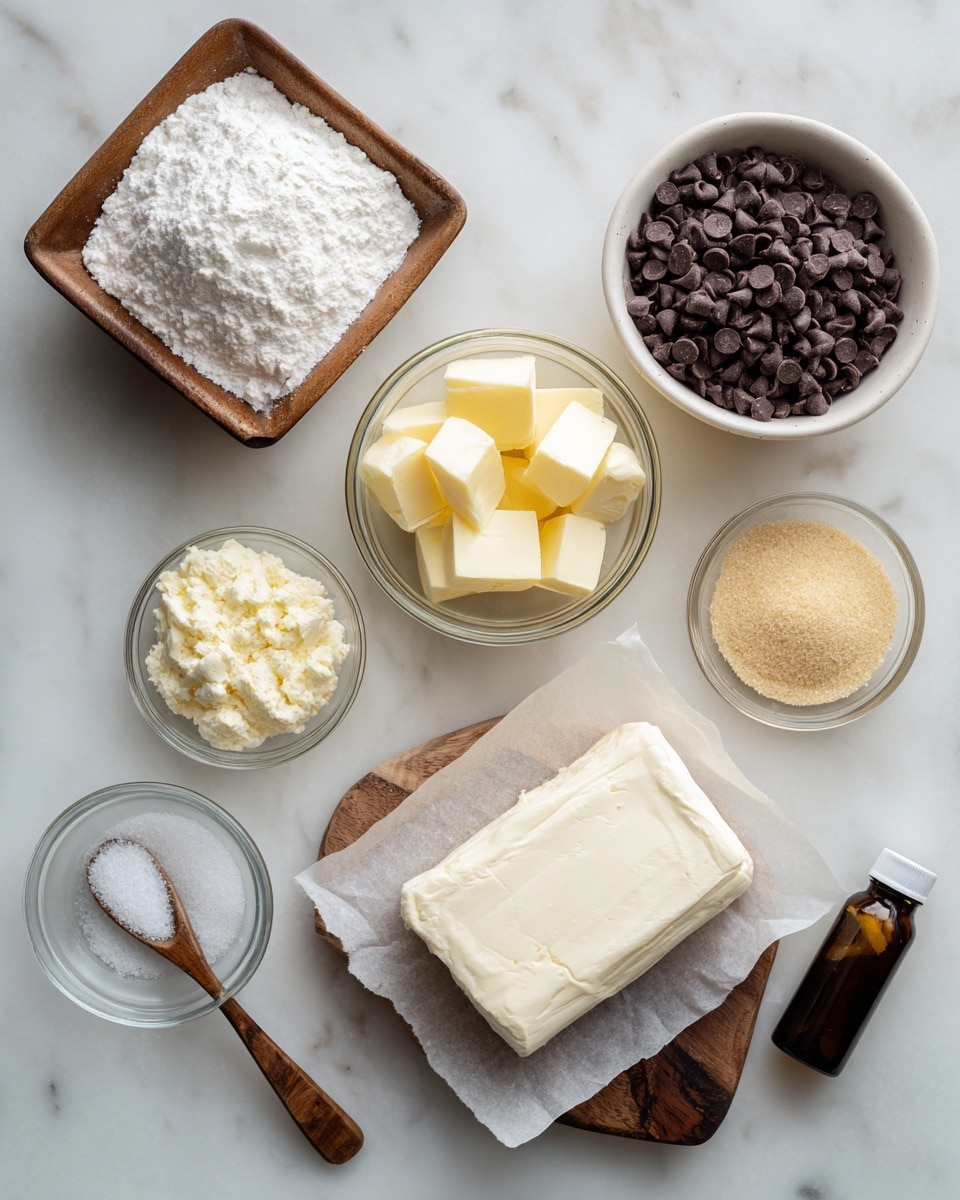 The image shows seven baking ingredients arranged neatly on a white marbled surface. At the top left is a square wooden bowl filled with white powdered sugar, followed by a white round bowl filled with mini dark brown chocolate chips at the top right. Below the powdered sugar is a small glass bowl with light yellow butter pieces, and next to it is a glass bowl with golden-brown sugar. In the center is a small white bowl containing salt with a small wooden spoon resting inside. At the bottom right is a rectangular block of white cream cheese placed on a piece of parchment paper on a small wooden board. A small dark brown bottle of vanilla extract with a white cap is placed to the right of the salt bowl. The scene is clear and bright, with a clean, simple look. Photo taken with an iphone --ar 4:5 --v 7