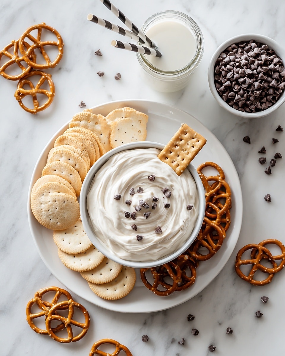 A top view of a white plate placed on a white marbled surface, with a small bowl in the center filled with creamy, white dip mixed with small dark chocolate chips, slightly swirled on top. The bowl is surrounded by four sets of snacks arranged in equal sections: golden round vanilla wafers, light brown rectangular graham crackers, and golden brown pretzels, some scattered loosely. A rectangular graham cracker is dipped into the creamy chocolate chip dip. Above the plate, a glass of white milk with two black and white striped paper straws stands, and a small white bowl filled with dark chocolate chips is visible to the right. Photo taken with an iphone --ar 4:5 --v 7