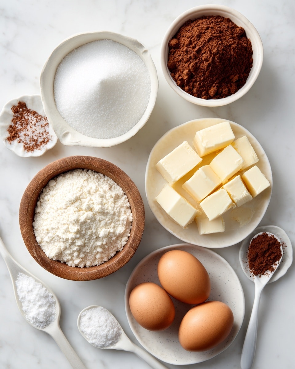 The image shows six small white bowls and plates arranged in a flat lay on a white marbled surface. One white bowl contains white granulated sugar, another has light yellow butter cubes, and a third bowl holds a white powdery flour. A small white plate contains cocoa powder, and a wooden bowl holds two brown eggs. Two small white spoons with white powders sit in the lower left corner. The items are neat and clear, with a soft light highlighting textures and colors. Photo taken with an iphone --ar 4:5 --v 7